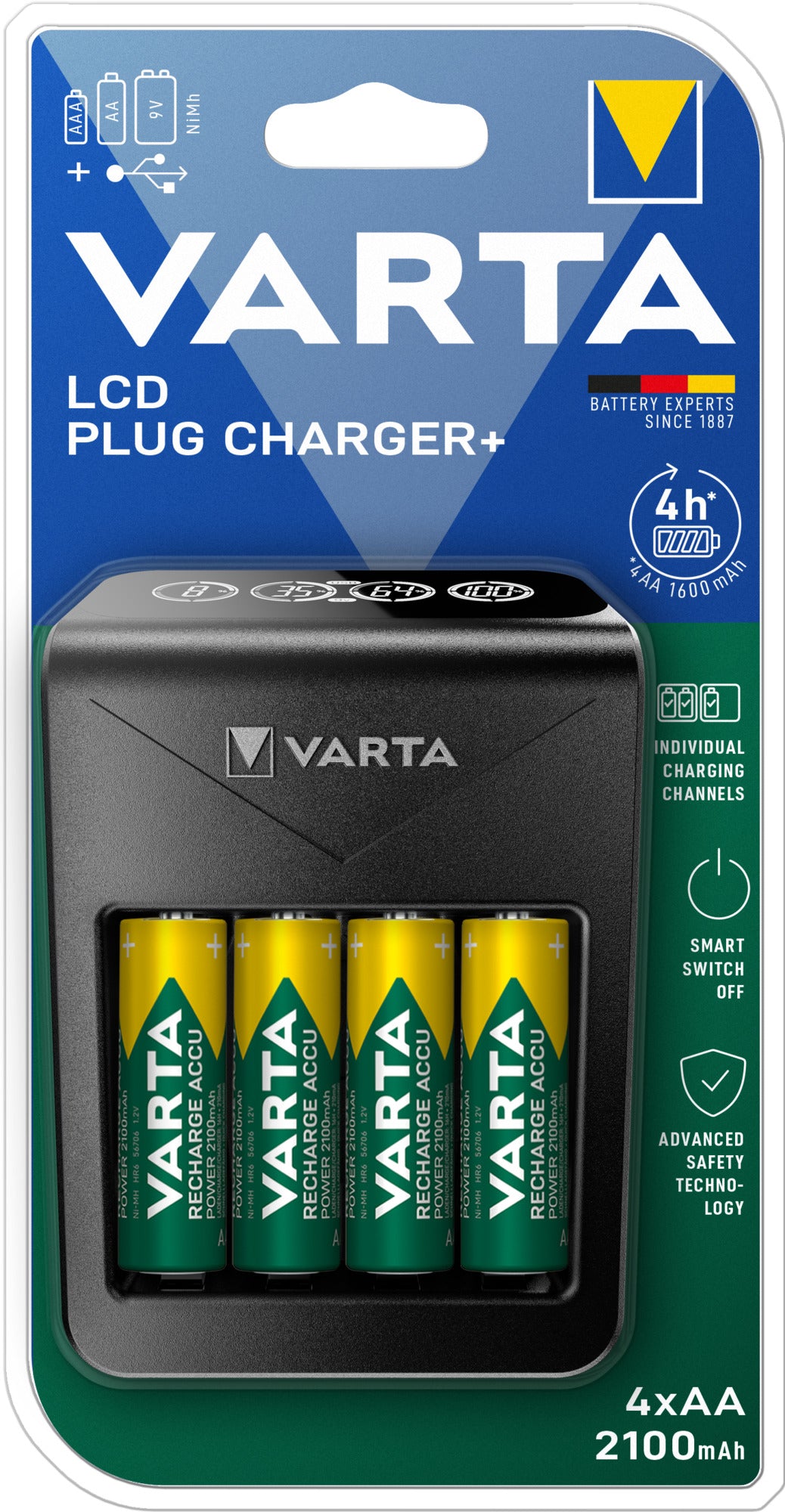 Varta LCD-Steckerladegerät + Batterieladegerät 4× – für AA, AAA, 9V (NiMH) – LCD, USB×1 – inkl. 4×AA 2100 mAh – schwarz