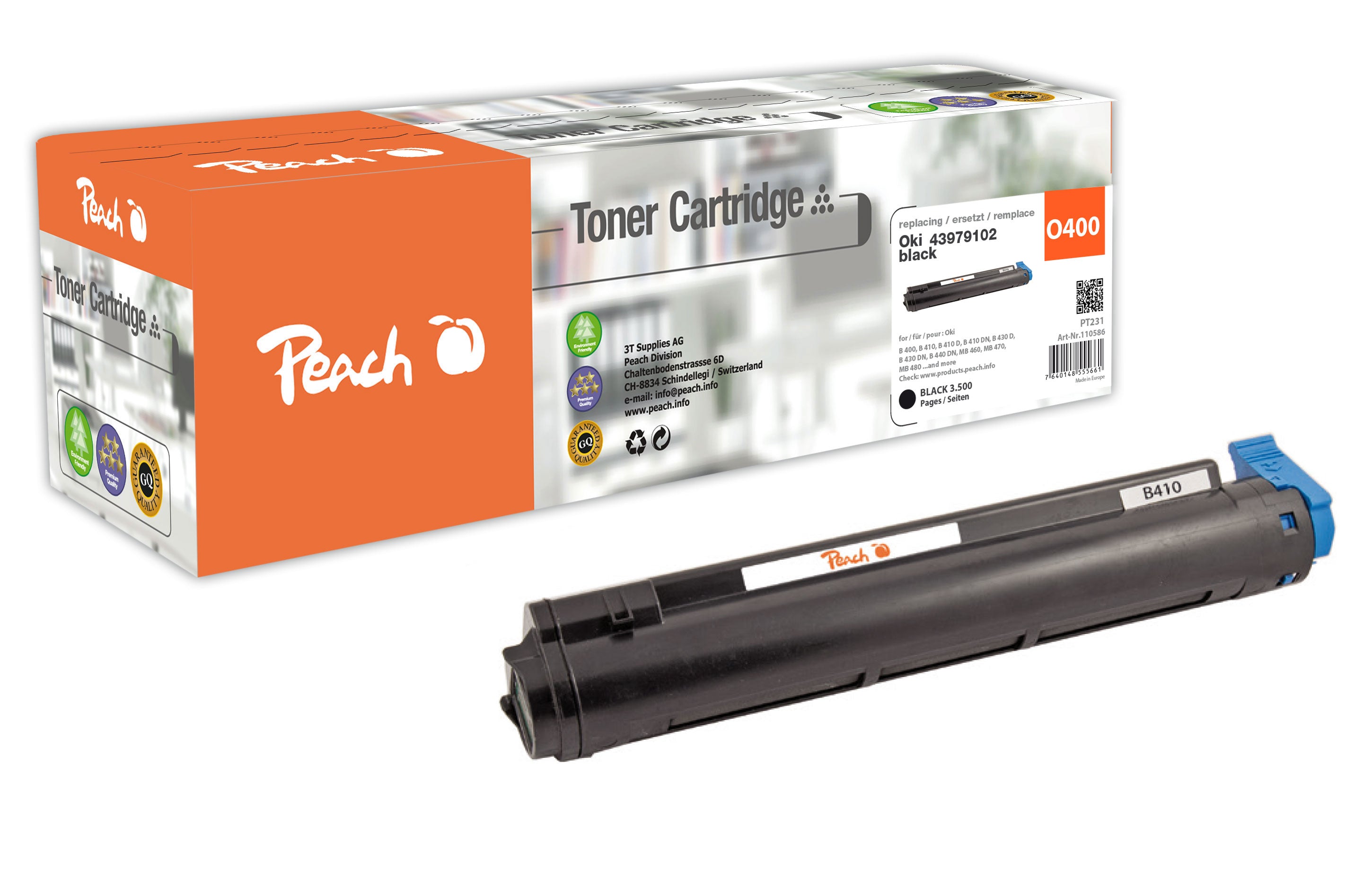 Peach PT231 (43979102) Schwarz Toner – Kompatibel – 3'500 Seiten – für OKI B 400/B 410/B 410 D und andere