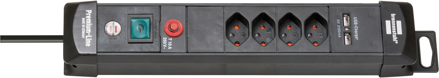 Brennenstuhl Premium-Line Steckdosenleiste, 4×T13, 2×USB, mit Schalter, 3 m, Kinderschutz – Schwarz