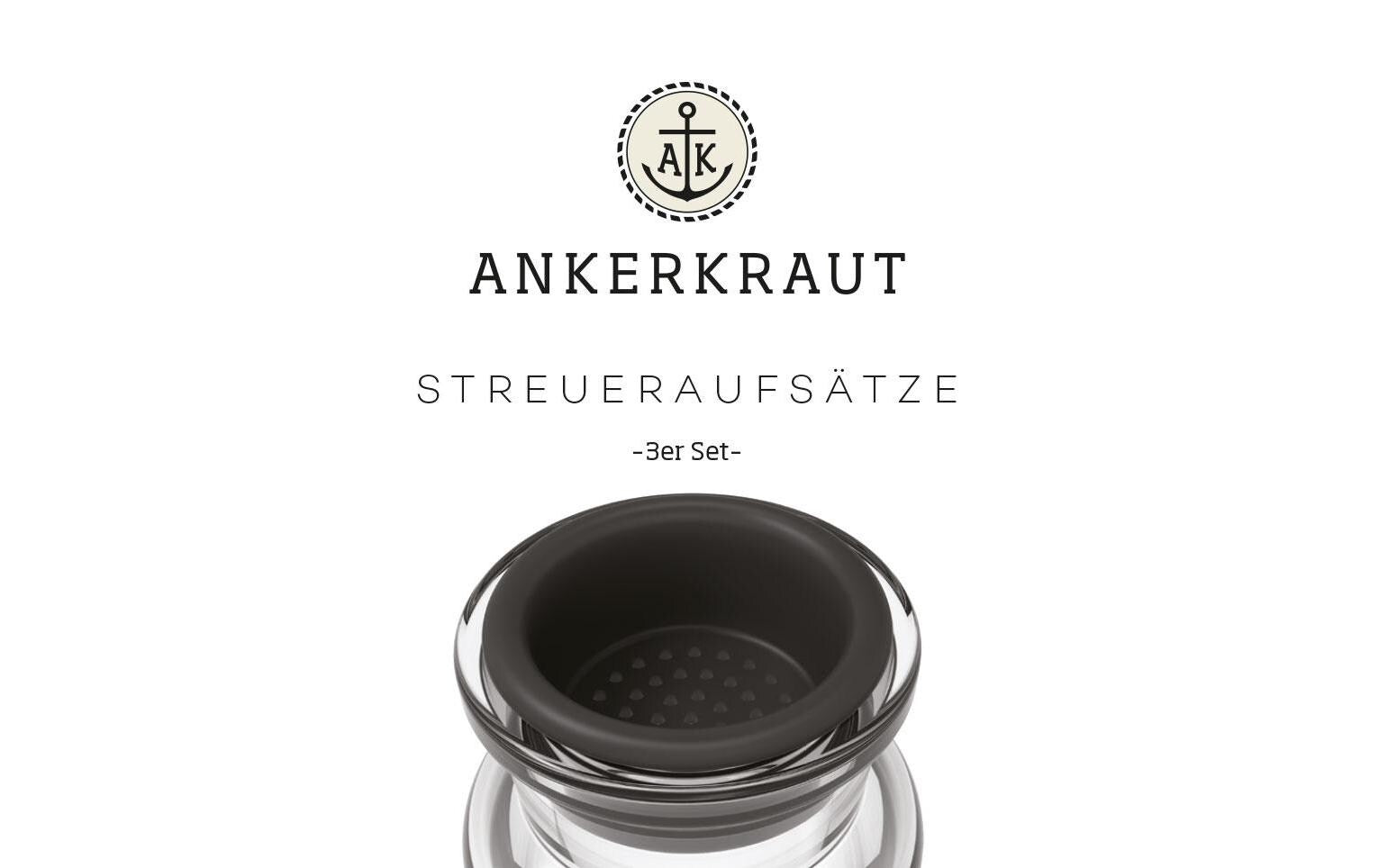 Ankerkraut 3-teiliges Streudosen-Set, Glas/Kunststoff, schwarz/transparent, für Gewürze