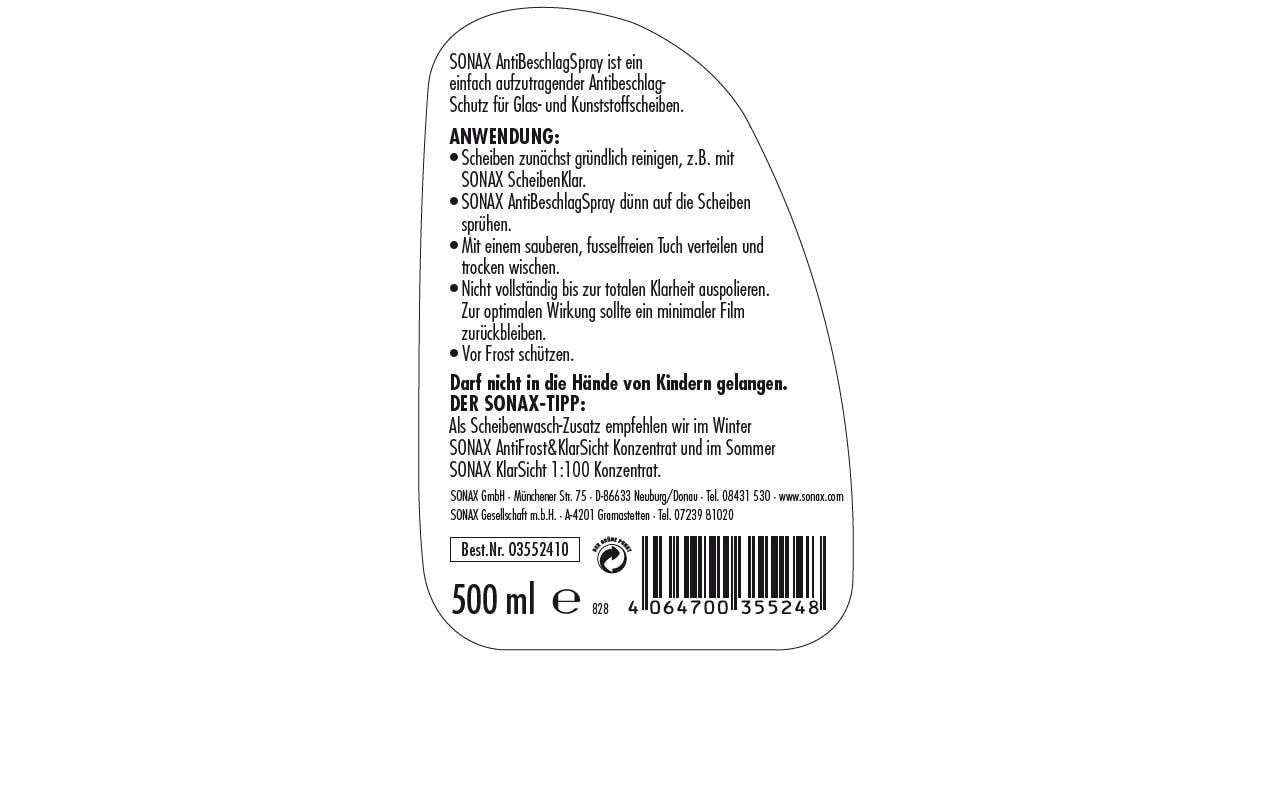 Sonax Antibeschlag Spray – für Windschutzscheibe – 500 ml