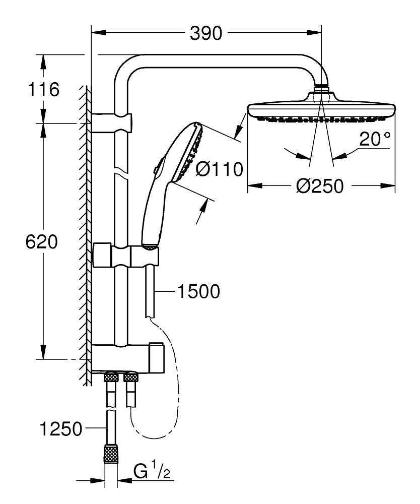 GROHE Duschsystem Vitalio Start 250 – 150 cm Schlauch, Metall, Chrom