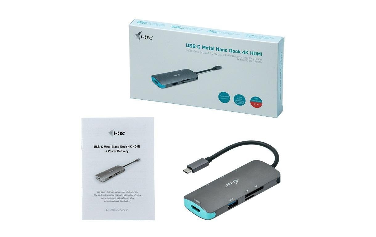 i-tec Metal Nano Dockingstation – USB-C, 1× HDMI, 3× USB-A, 100 W PD, SD/microSD, für Windows/Mac/Linux
