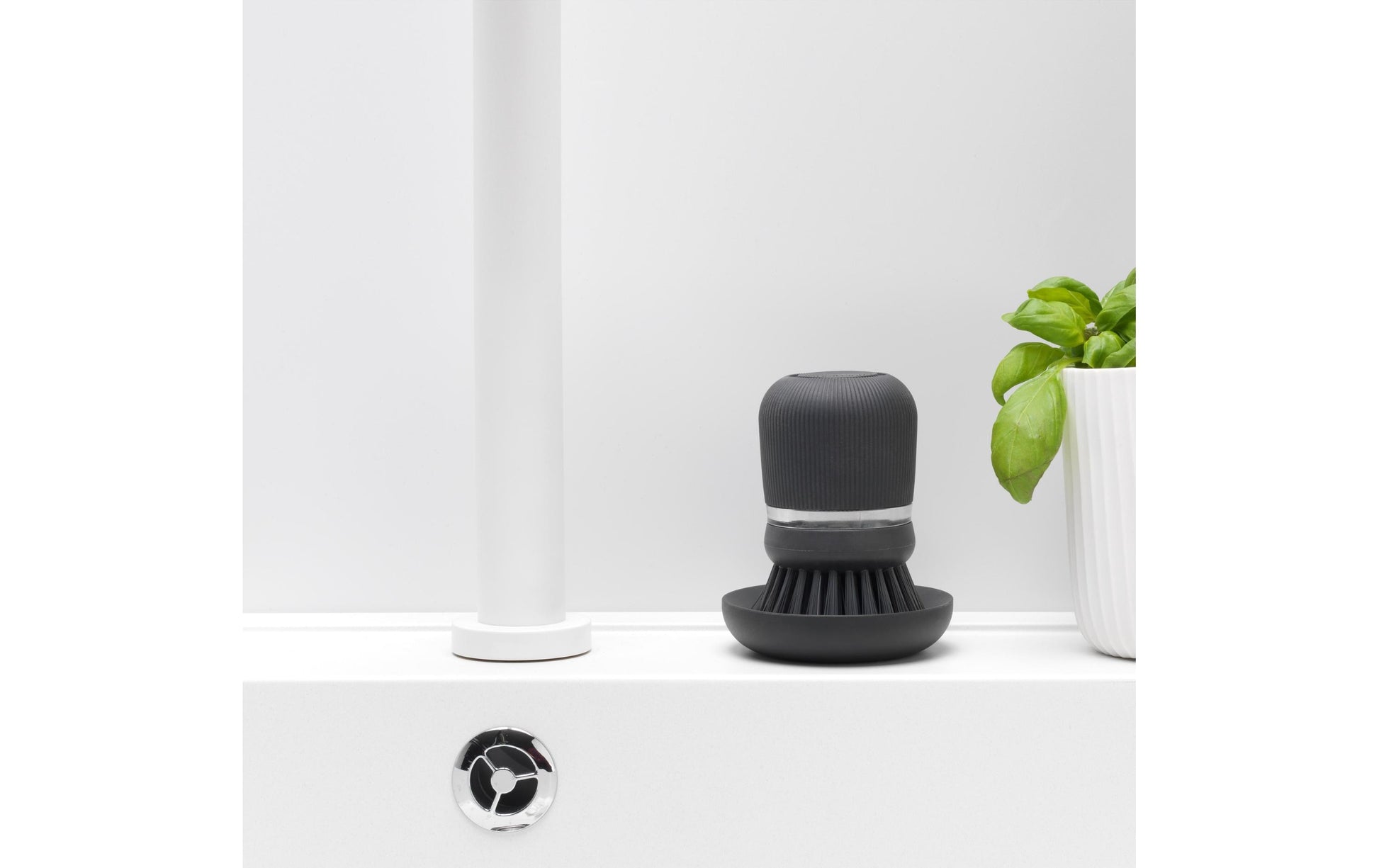 Brabantia Abwaschbürste – Kunststoff, 10,5 cm, Dunkelgrau, mit Seifenspender