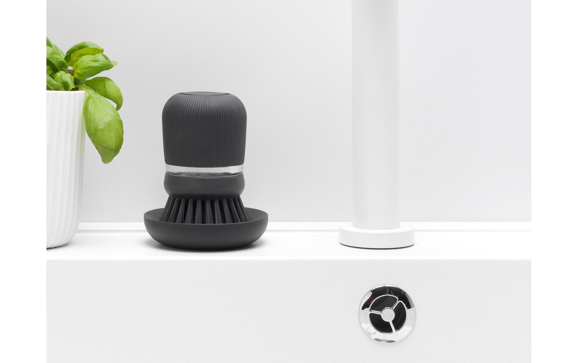 Brabantia Abwaschbürste – Kunststoff, 10,5 cm, Dunkelgrau, mit Seifenspender