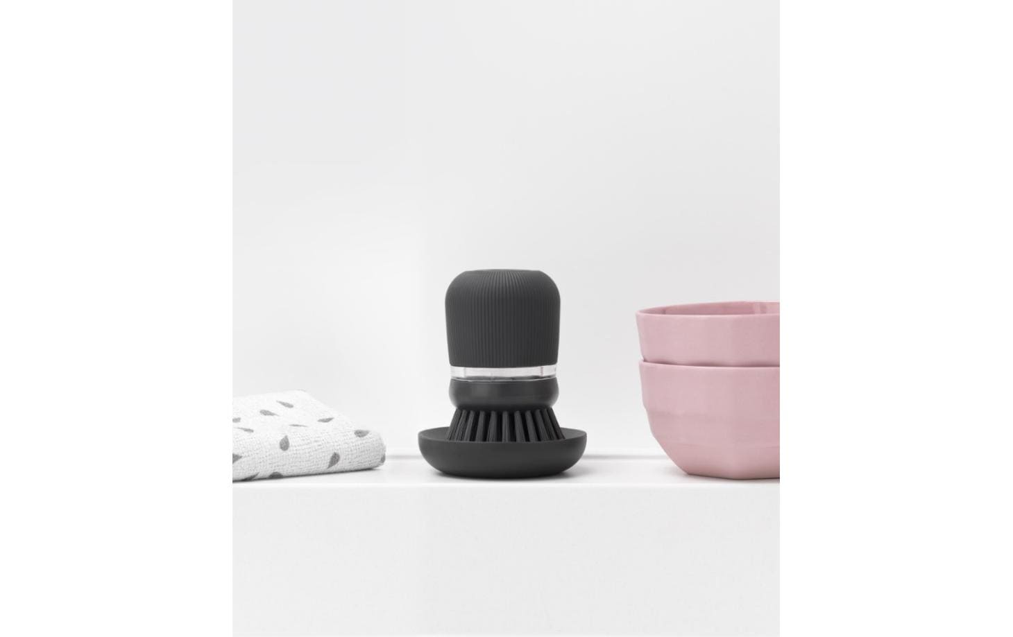 Brabantia Abwaschbürste – Kunststoff, 10,5 cm, Dunkelgrau, mit Seifenspender