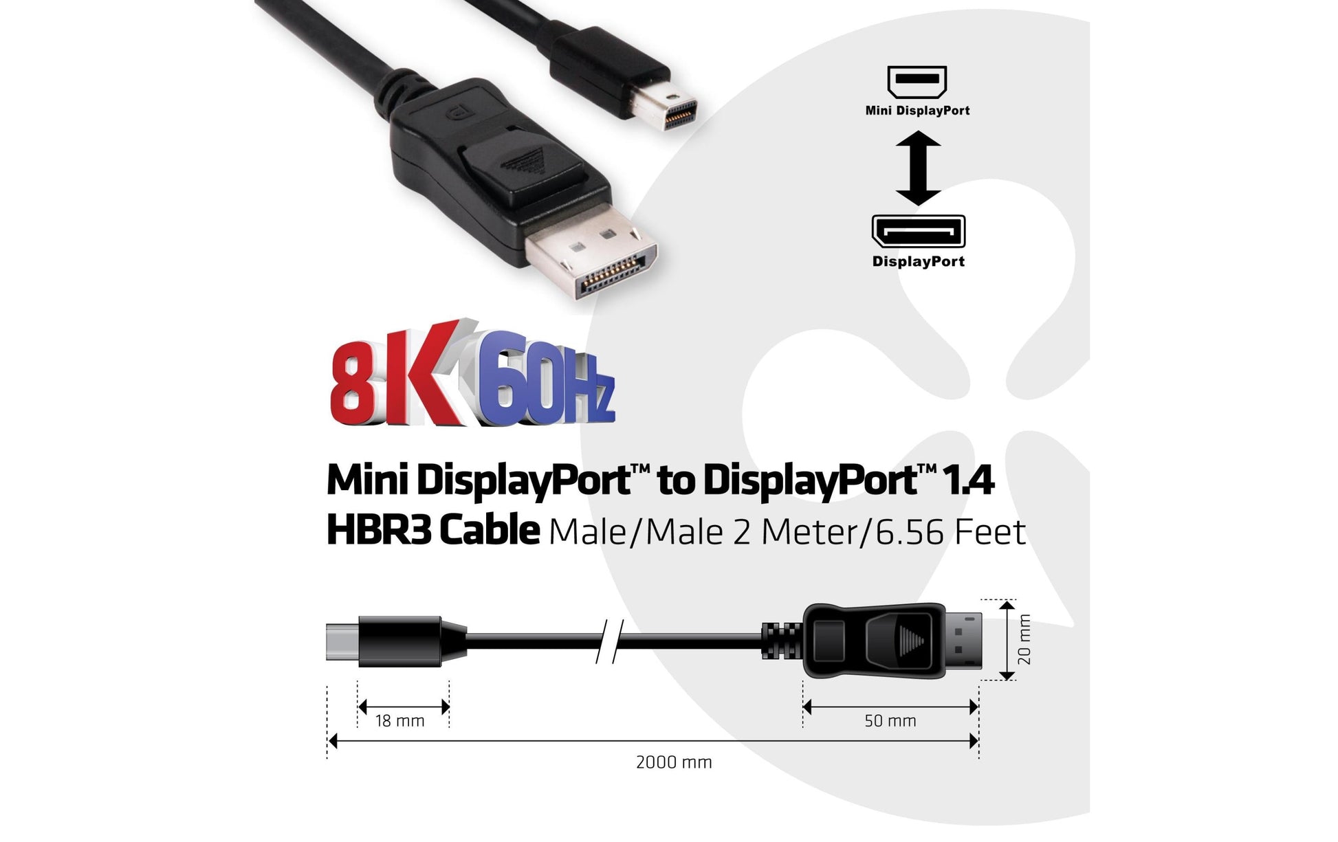 CLUB3D Mini DisplayPort auf DisplayPort Kabel – DP 1.4 – 8K 60 Hz – 2 m