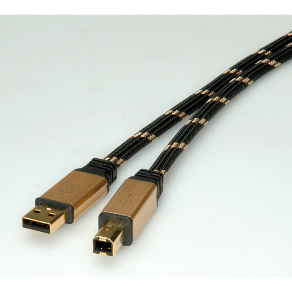 ROLINE USB-A auf USB-B Kabel – USB 2.0 (480 Mbit/s) – 3 m – Geflochten, Goldkontakte – Schwarz/Gold