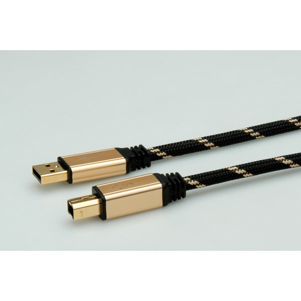 ROLINE USB-A auf USB-B Kabel – USB 2.0 (480 Mbit/s) – 1,8 m – Nylonmantel, Goldstecker – Schwarz/Gold