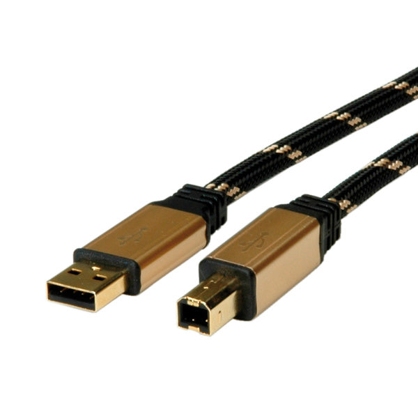 ROLINE USB-Kabel – USB-A auf USB-B – USB 2.0 (480 Mbit/s) – 4,5 m – Nylonmantel, Goldstecker – Schwarz/Gold