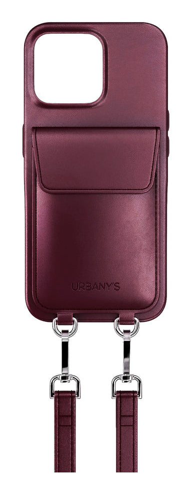 Urbany's Urbanys – Halskette-Hülle – für Apple iPhone 16 – rot/bordeaux – Recycling-Leder – mit Kartenfach, mit Kordel