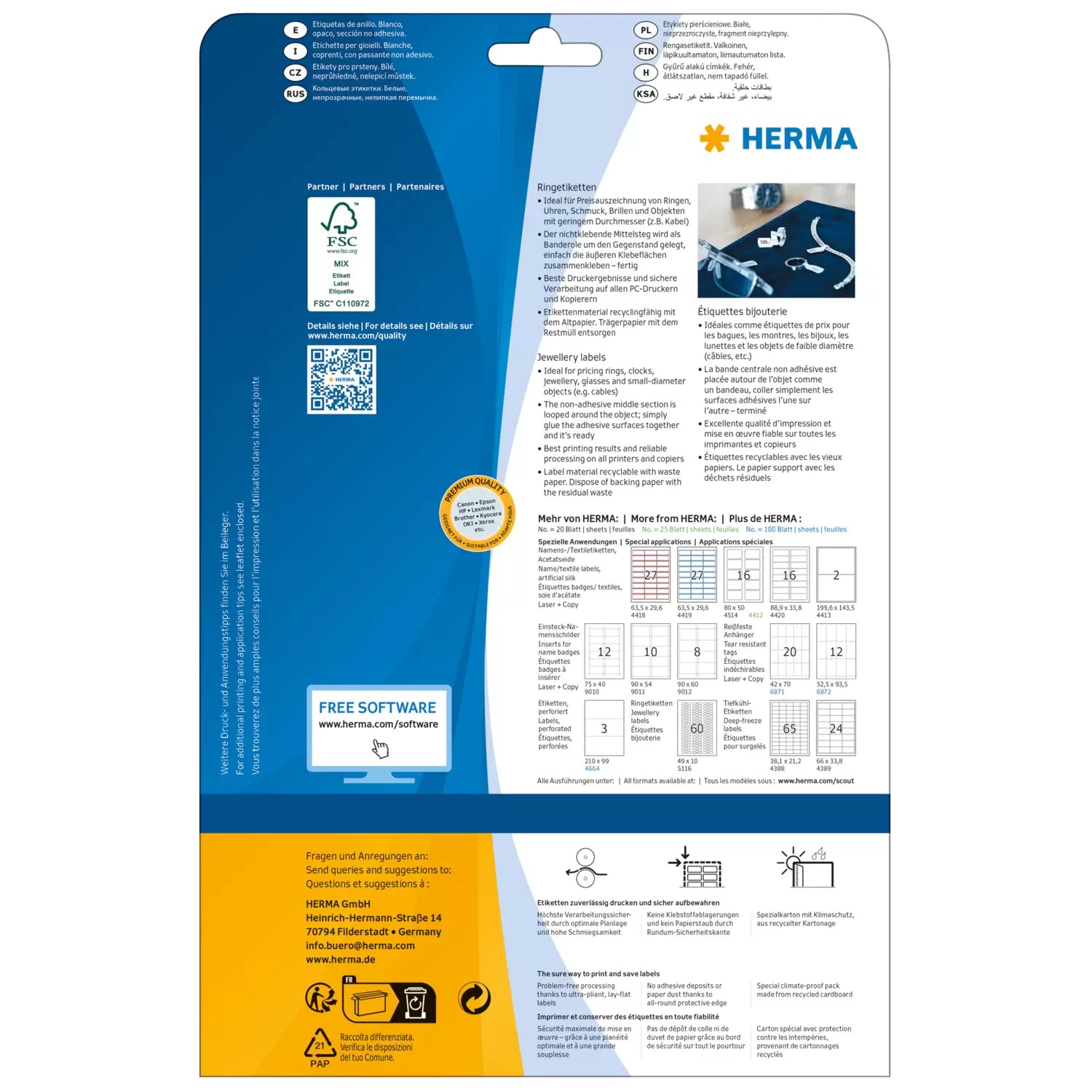HERMA Ringetiketten – Spezialstanzung 49 × 10 mm, permanent, weiss, A4, 25 Blatt (1'500 Stk.)
