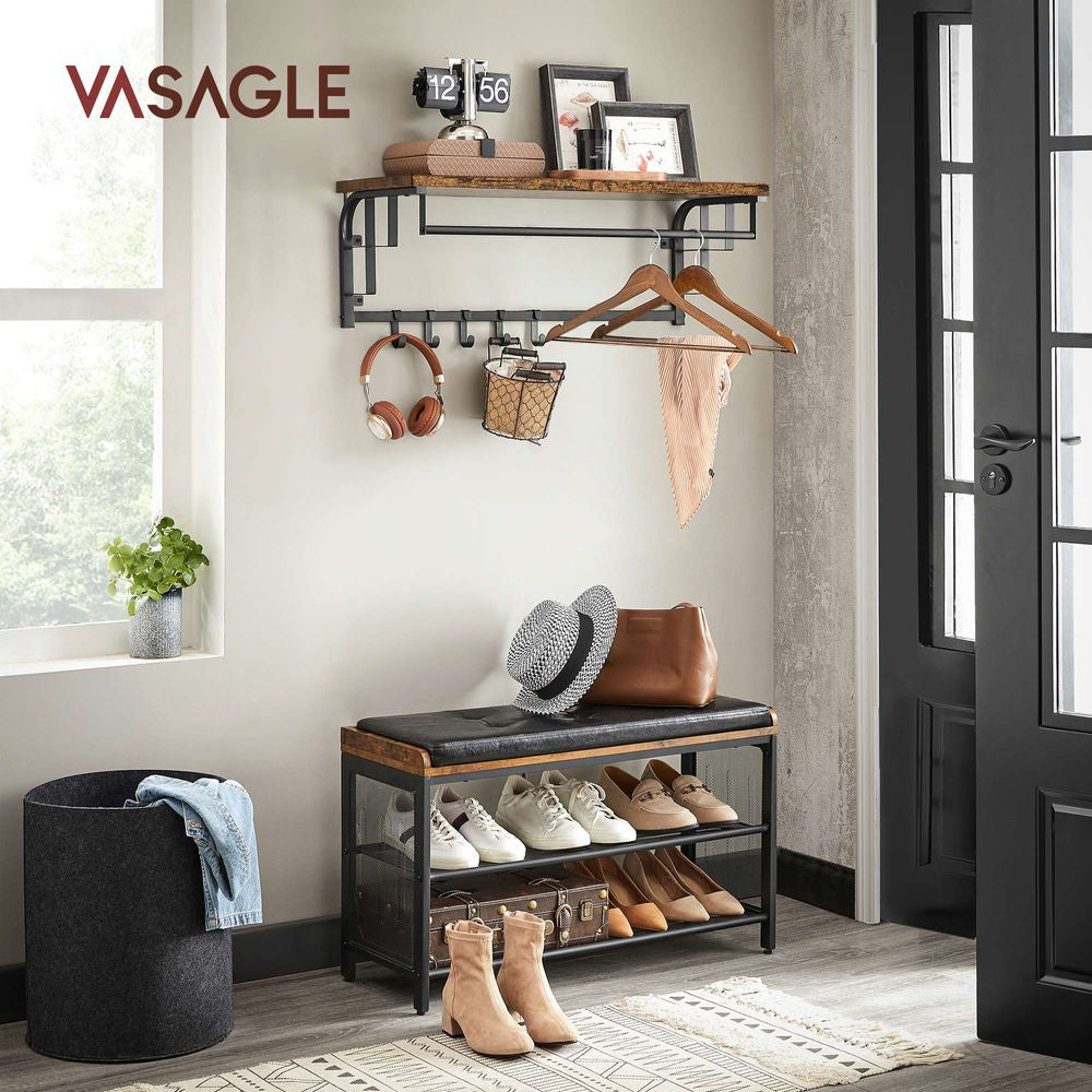 Vasagle Wandgarderobe – 5 Haken, Stahl/Spanplatte, Braun, 80 × 30 × 27 cm