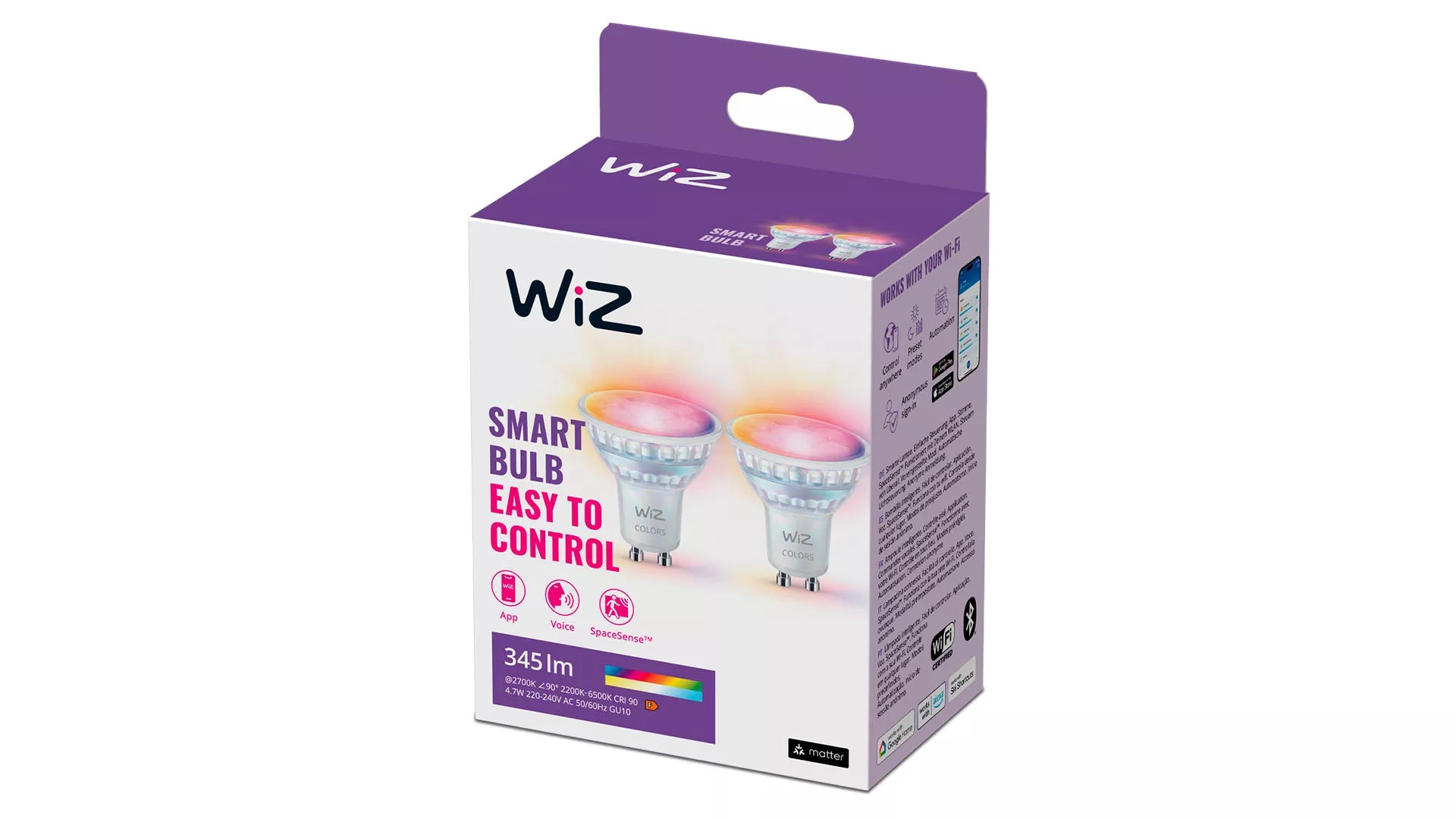 WiZ Weiss & Farbe LED-Reflektor PAR16 GU10 2er-Pack – 4,7 W dimmbar, 2200–6500 K, für WiZ, WLAN und Bluetooth