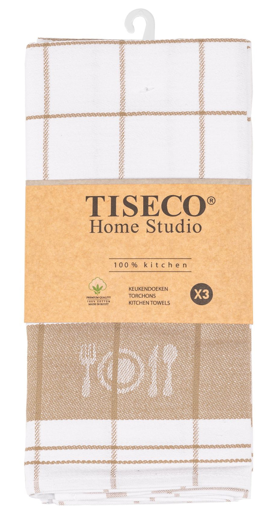 Tiseco Geschirrtücher 3er-Set, 50 × 70 cm, Bio-Baumwolle, Sand/Weiss