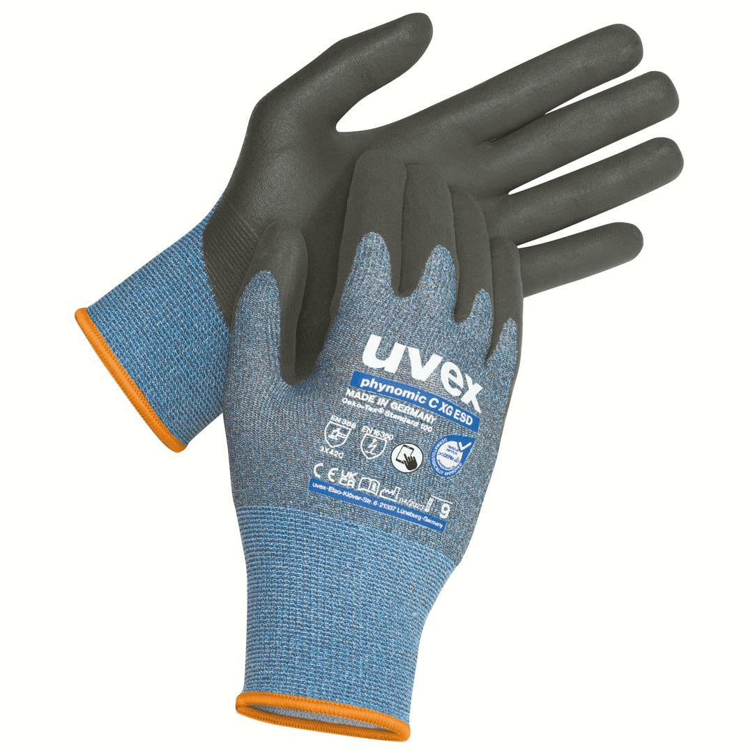 Uvex Schnittschutzhandschuhe phynomic C XG ESD – Grösse 9, 10 Stück – EN 388:4X42B, Schwarz/Blau