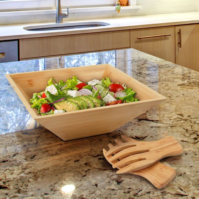 Relaxdays Salatschüssel – 28,0 × 28,0 × 10,0 cm, Bambus, Hellbraun, mit Salatbesteck