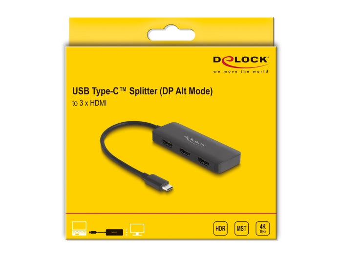 DeLOCK USB-C Splitter zu 3× HDMI – 4K (3840 × 2160) @ 30 Hz, DP Alt Mode, 0,15 m, für Windows 10/11