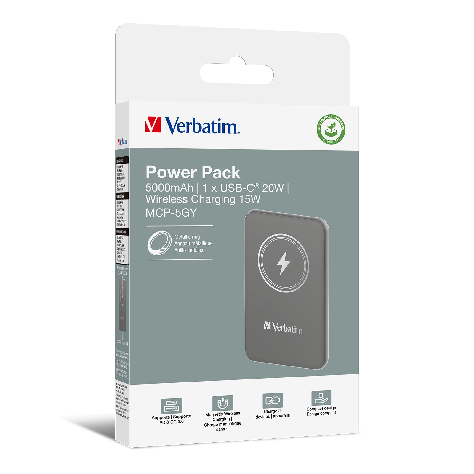 Verbatim MagSafe Powerbank 5'000 mAh – 20 W PD, MagSafe 15 W, 1× USB-C, Grau