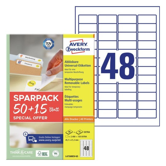 AVERY Zweckform L4736REV-65 – Etiketten A4 46 × 21 mm – wiederablösbar – Laser/Inkjet – 48 pro Blatt, 65 Blätter