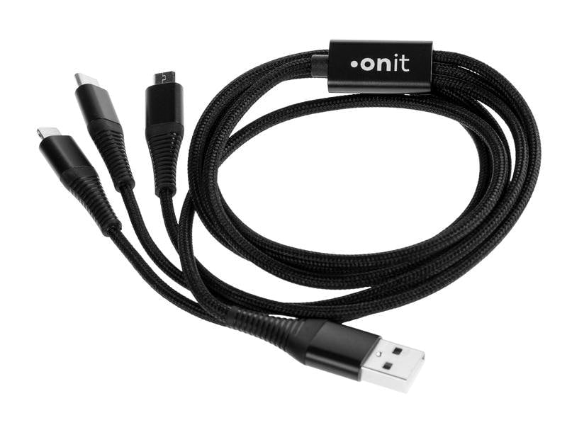 ONIT Multi-Kabel – 3-in-1 USB-A auf USB-C/Micro-USB/Lightning 1 m, geflochten, schwarz – für iPhone/Android