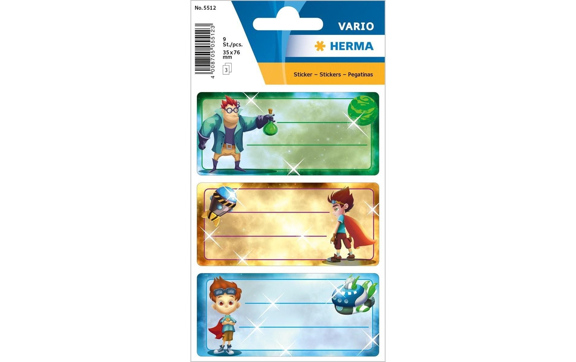 HERMA Vario Schuletiketten – Motiv Superhelden – 35×76 mm, Abgerundete Ecken, 9 Stück, 3 Bögen, Papier