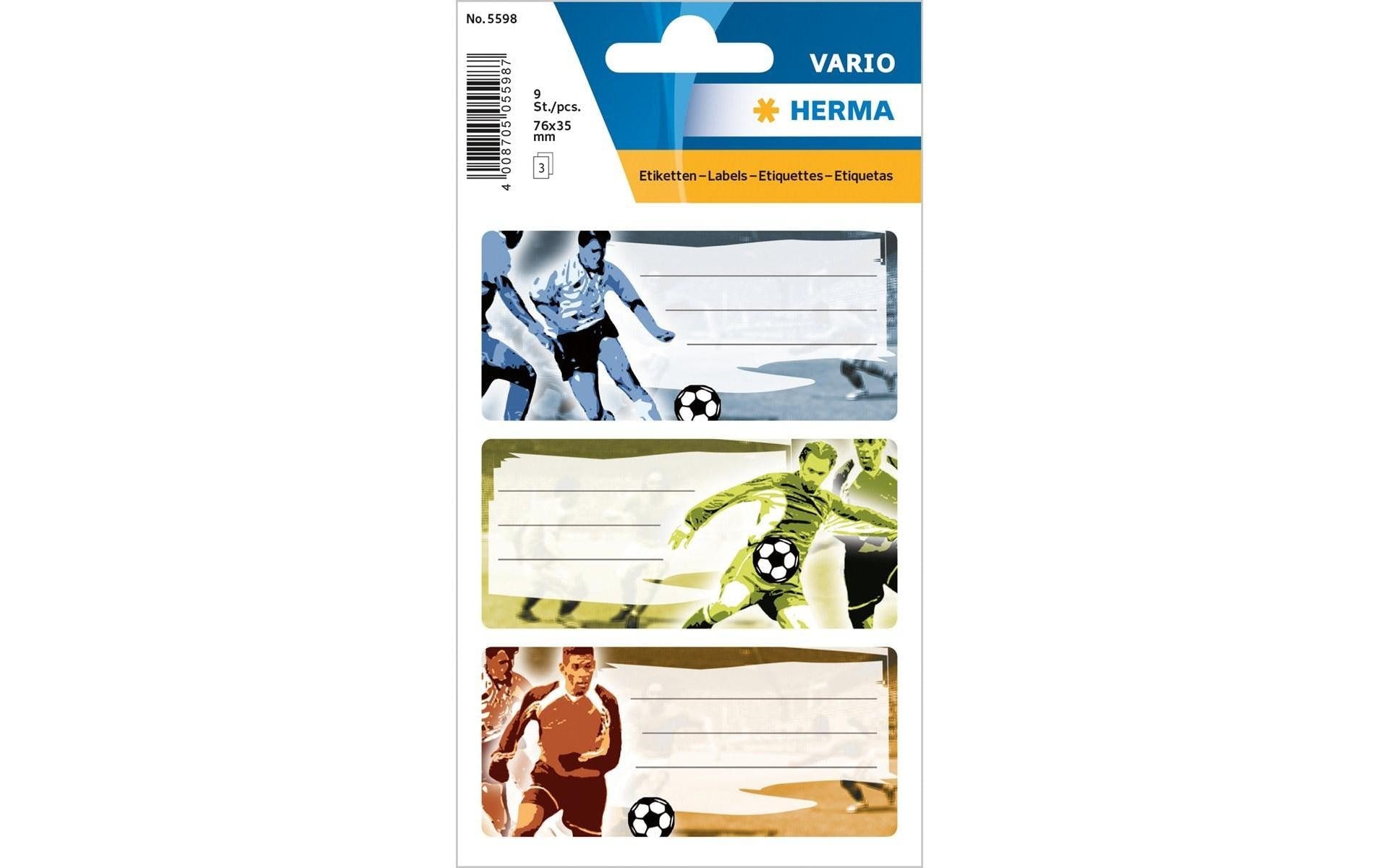 HERMA Vario Schuletiketten – Motiv Football – 35 × 76 mm, Abgerundete Ecken, 9 Stück, 3 Bögen