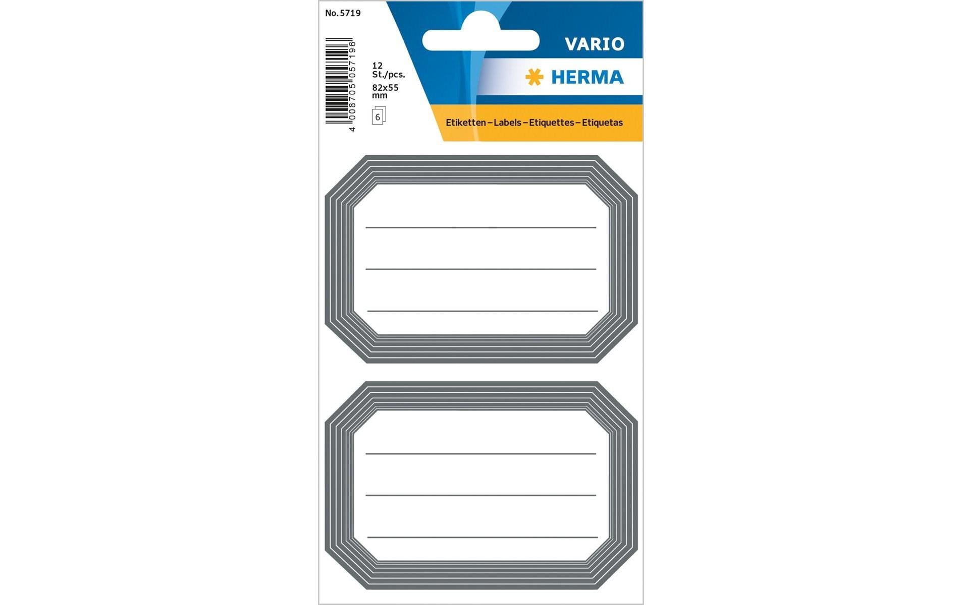 HERMA Schuletiketten Vario – Motiv Rahmen Grau – 55 × 82 mm, 12 Stk, 6 Bogen, Papier, permanent haftend