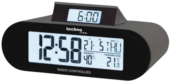 Technoline WT 376 Digitalwecker – Funk, Schlummerfunktion, Thermometer/Hygrometer, 7,3 × 15 × 5,5 cm, Schwarz