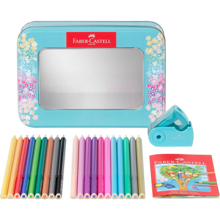 Faber-Castell Aquarellfarbstifte Grip Sparkle – 20 Farben, im Metalletui, mit Spitzer, Ø 3 mm, dreikantig, FSC