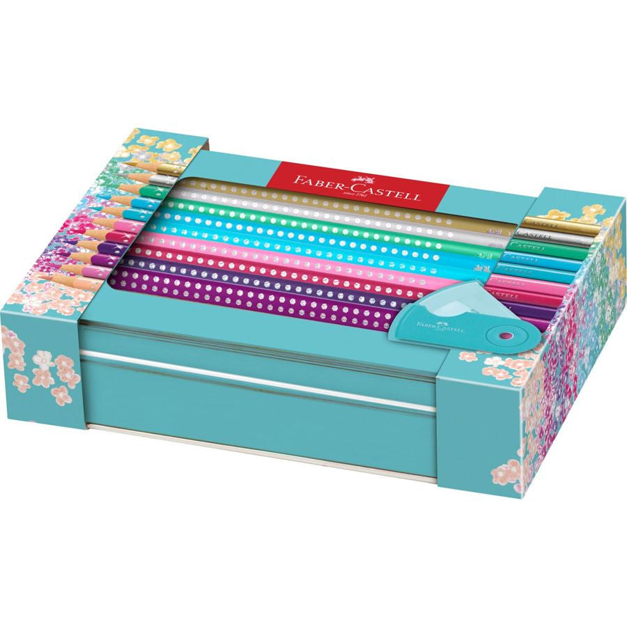 Faber-Castell Aquarellfarbstifte Grip Sparkle – 20 Farben, im Metalletui, mit Spitzer, Ø 3 mm, dreikantig, FSC