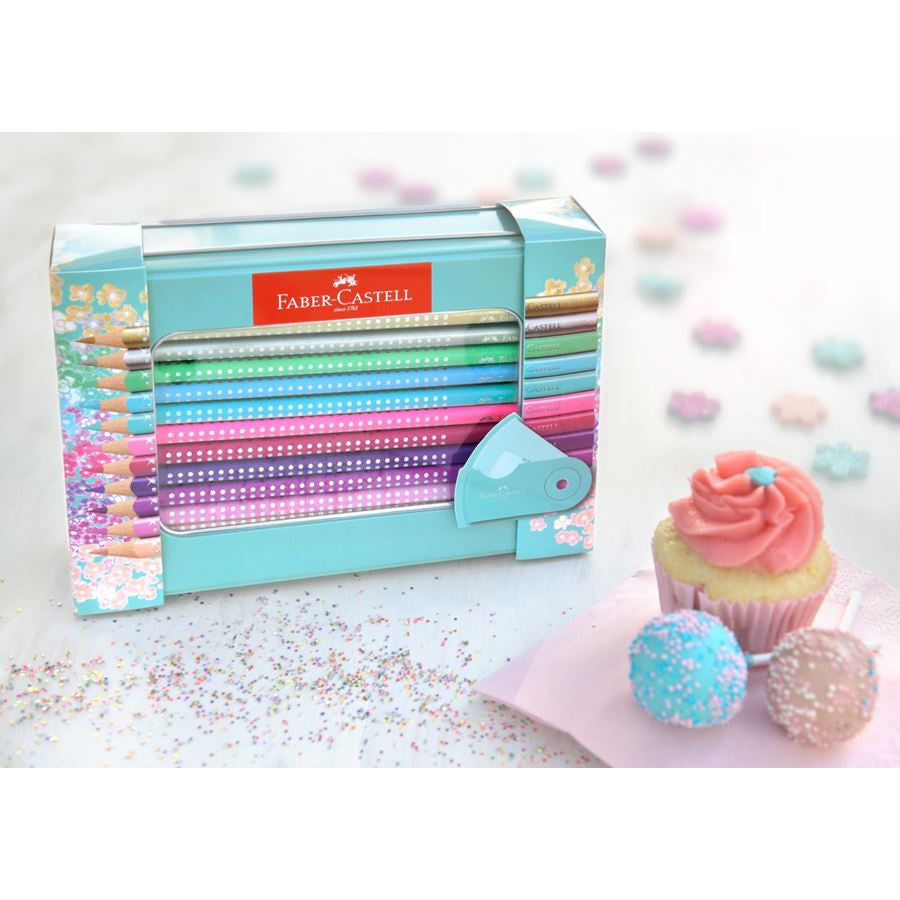 Faber-Castell Aquarellfarbstifte Grip Sparkle – 20 Farben, im Metalletui, mit Spitzer, Ø 3 mm, dreikantig, FSC