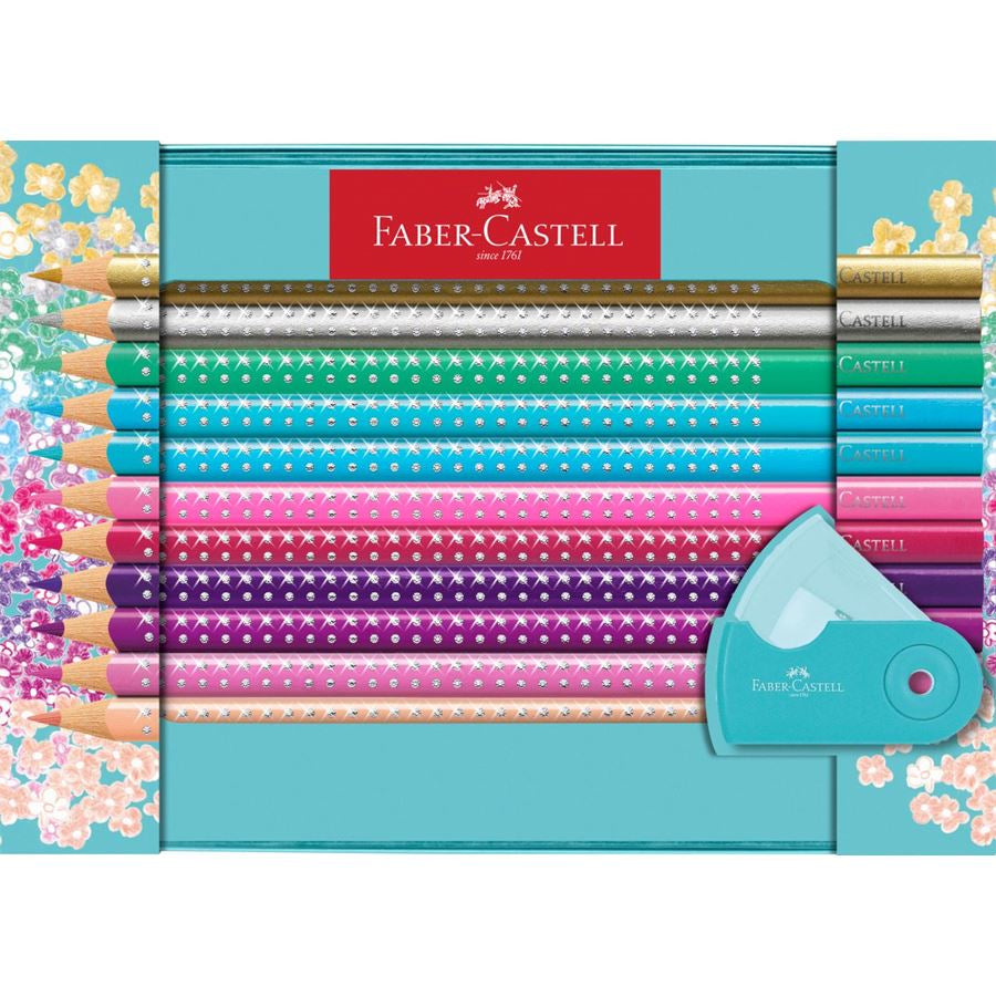 Faber-Castell Aquarellfarbstifte Grip Sparkle – 20 Farben, im Metalletui, mit Spitzer, Ø 3 mm, dreikantig, FSC