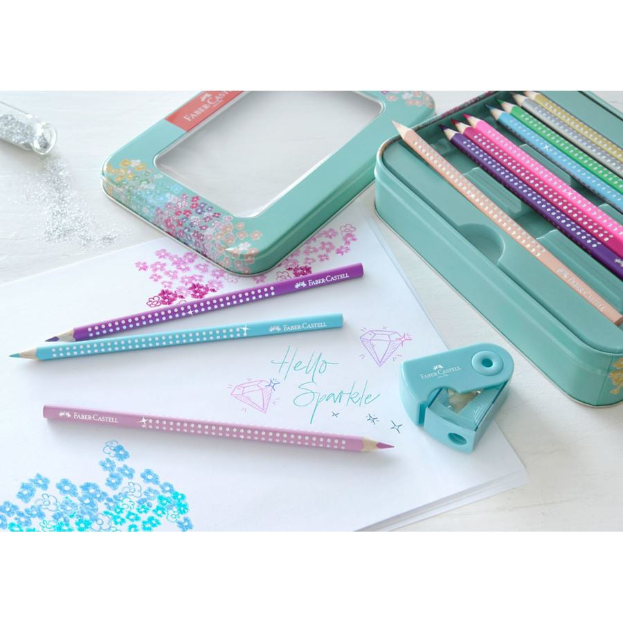 Faber-Castell Aquarellfarbstifte Grip Sparkle – 20 Farben, im Metalletui, mit Spitzer, Ø 3 mm, dreikantig, FSC