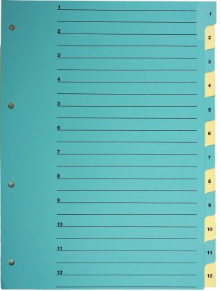 Ofrex Register – A4, 12-teilig, Karton, farbig, vorgedruckt, verstärkt, 4-fach Lochung
