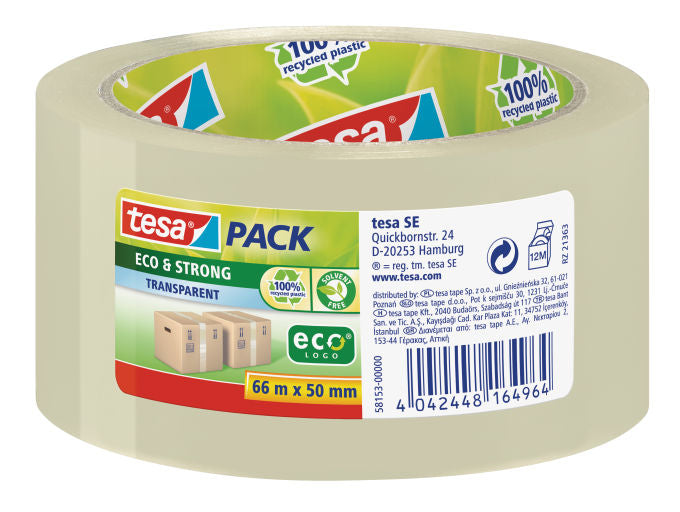 tesa Verpackungsband – 50 mm × 66 m, transparent, stark, eco:plus