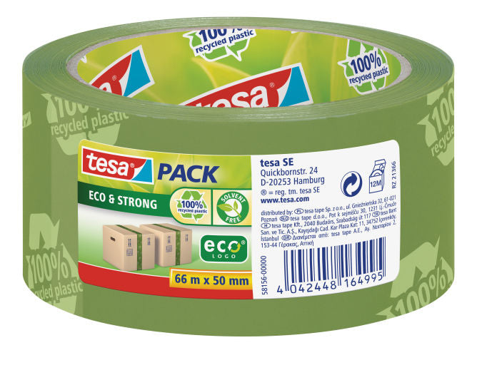 tesa Verpackungsband – 50 mm × 66 m, grün, stark, eco:plus