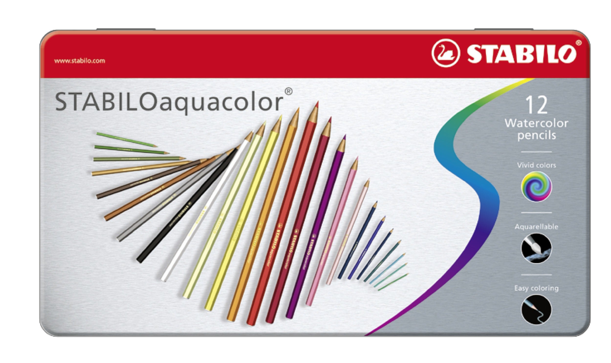 STABILO Aquarellfarbstifte aquacolor ARTY – Minen-Ø 2,8 mm, 12 Farben, im Metalletui