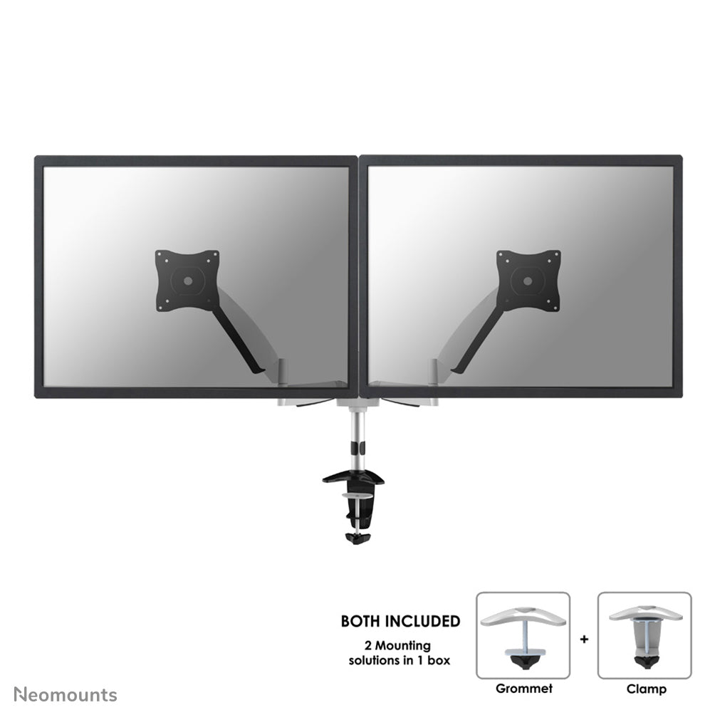 Neomounts Monitorarm, Dual, Tischklemme/Tischdurchführung, bis 27", höhenverstellbar, Gasfeder, Silber