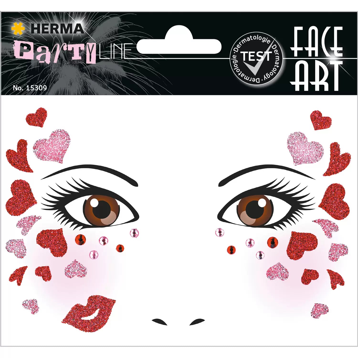 HERMA Face-Art-Sticker, mehrfarbig, Motiv Love, 1 Blatt (34 Etiketten), wiederablösbar, dermatologisch getestet