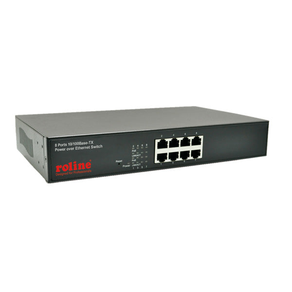 ROLINE PoE Fast Ethernet Switch – Unmanaged L2 Switch – 8× 10/100 Mbit/s, PoE, PoE-Budget 130 W, 19", 1U