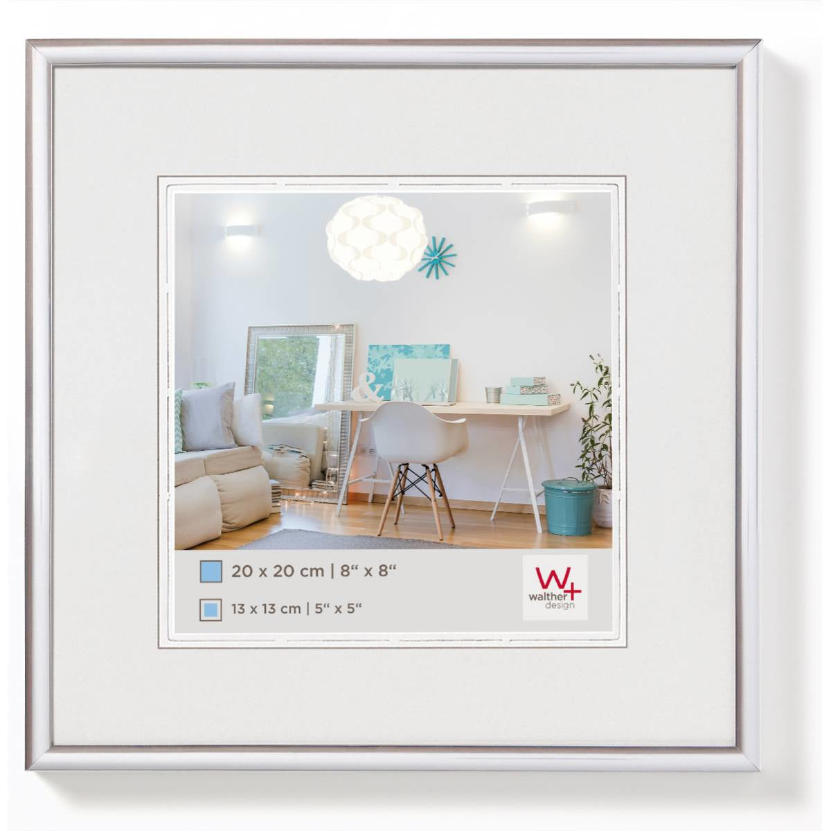Walther Design Wechselrahmen, silber, Kunststoff, 20 × 20 cm, mit Aufsteller und Aufhänger – eco:plus