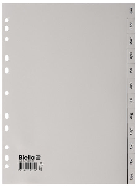 Biella Register A4 hoch – Monate Jan.–Dez., 12 Taben, PP grau