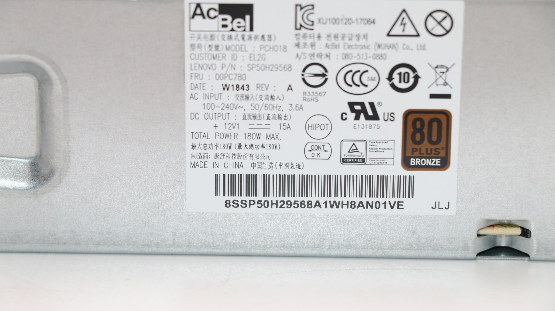 Lenovo 00PC780 Netzteil 180 W – 80 PLUS Bronze, Nicht-modular, 100–240 V – für ThinkCentre M710e