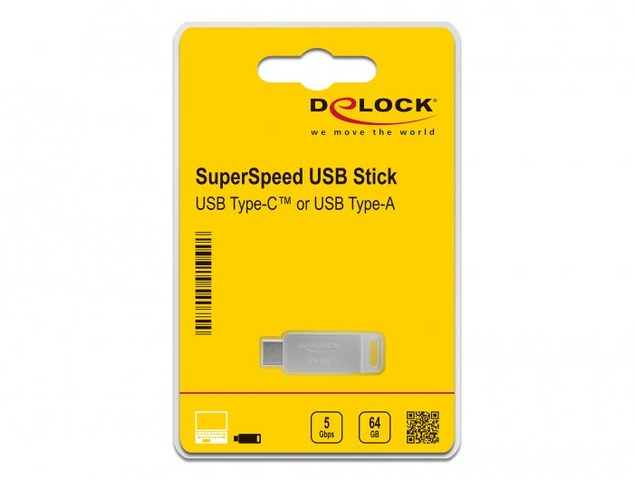 DeLOCK USB3.2 USB-C/Type-A 64 GB – USB 3.2 Gen 1 (5 Gbit/s), 100 MB/s lesen, 46 MB/s schreiben, Metallgehäuse