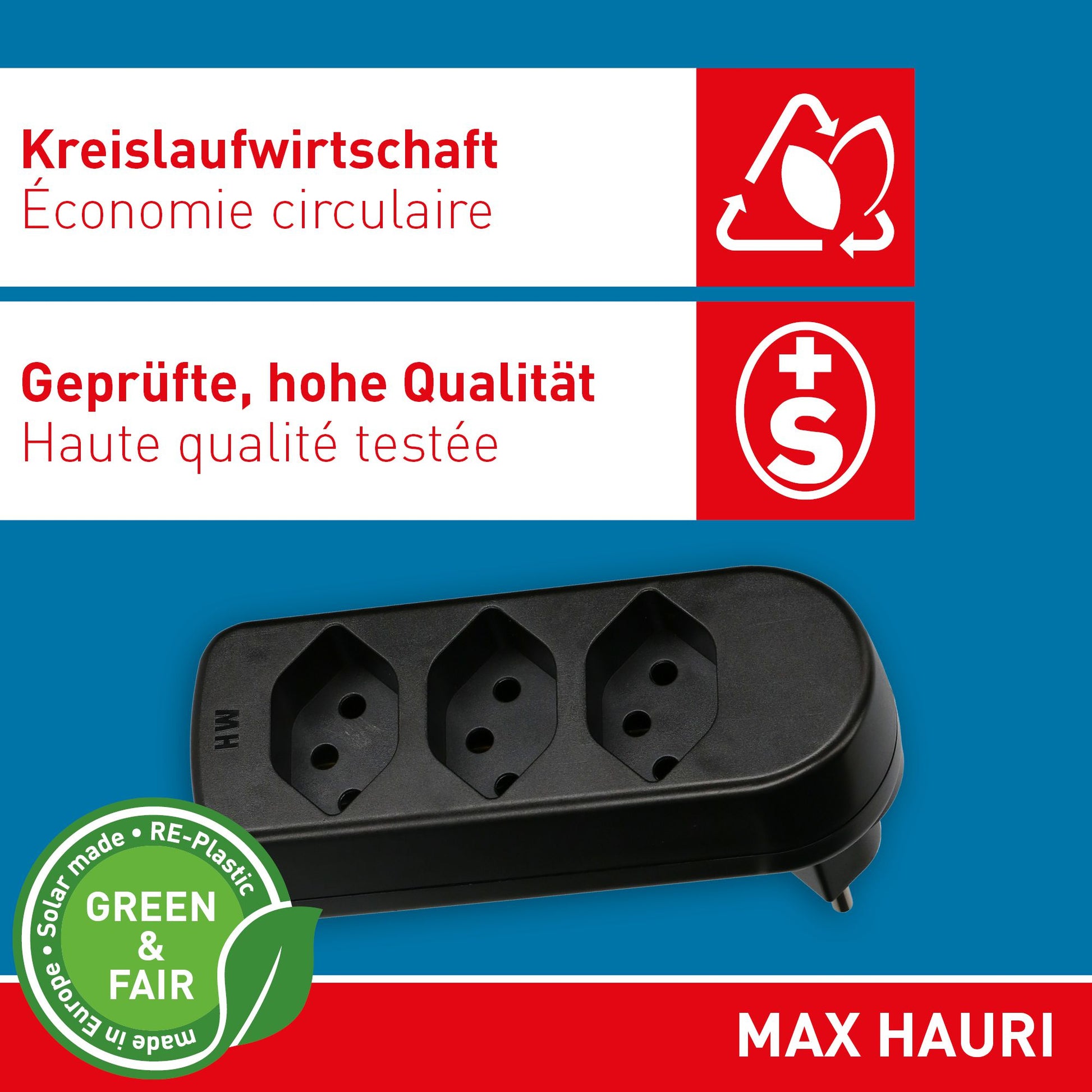 Max Hauri AG ADAPT 176510 Mehrfachstecker – T12 zu 3× T13, 230–250 V / 10 A / 2300 W, 3-fach, drehbar 320°