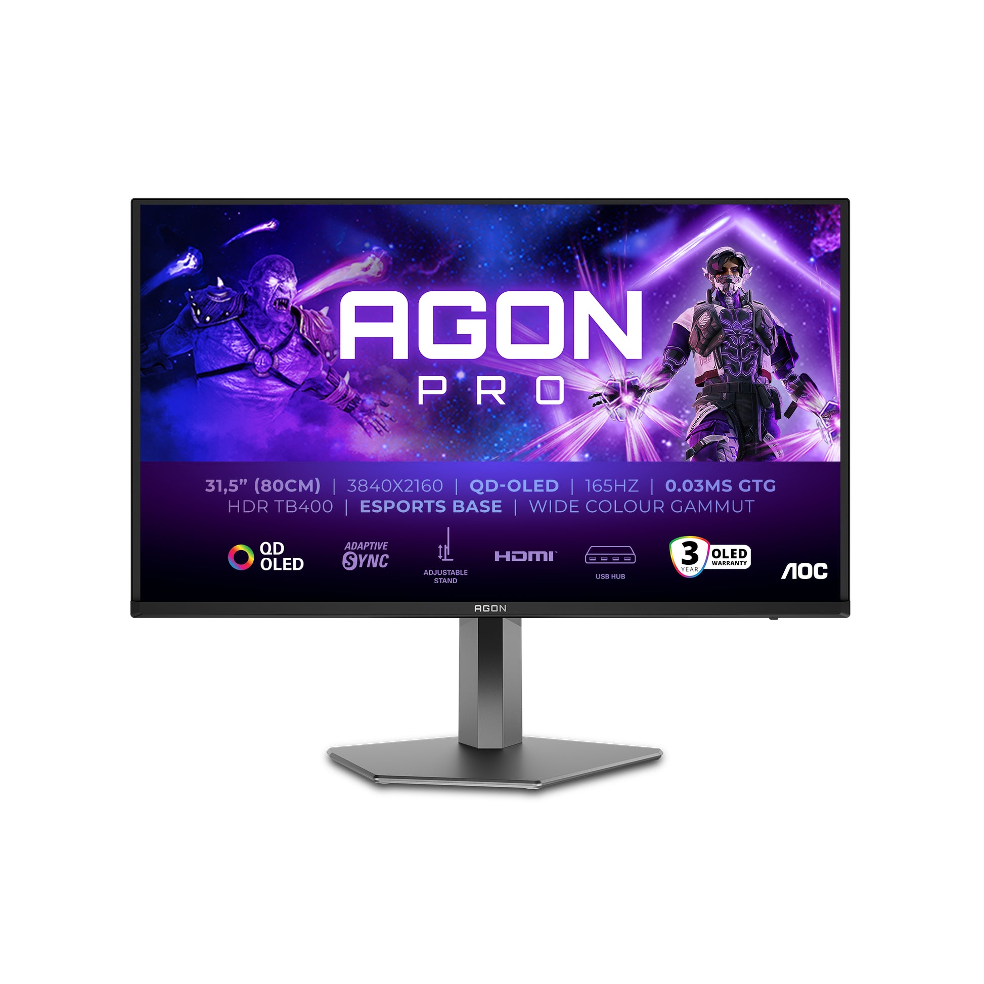 AOC AG326UD – Monitor, 31,5", OLED, 165 Hz, 250 cd/m², USB-Hub, Lautsprecher, VESA 100 × 100, Schwarz