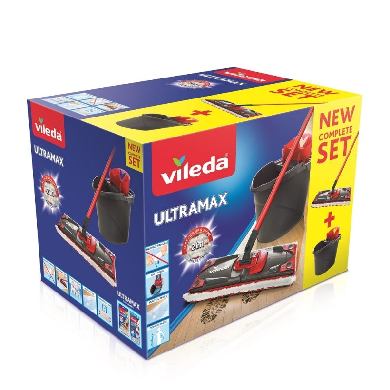 Vileda Flachwischer UltraMax – Mikrofaser – Schwarz/Rot – 3-tlg.