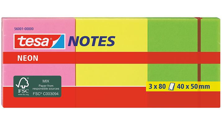 tesa Neon Notes Haftnotizen – 50 × 40 mm – sortiert, 80 Blatt/Block, 3er-Pack