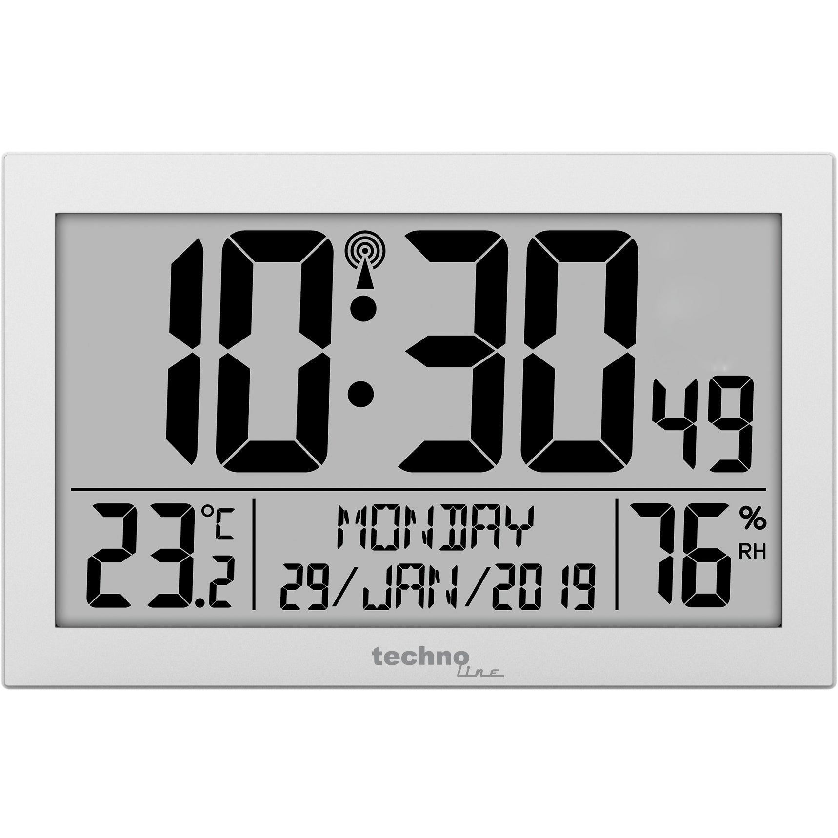 Technoline Digitale Wanduhr WS8016 Funk – 22,5 × 2,4 × 2,4 cm, Silber, Kunststoff, Alarm, Datum
